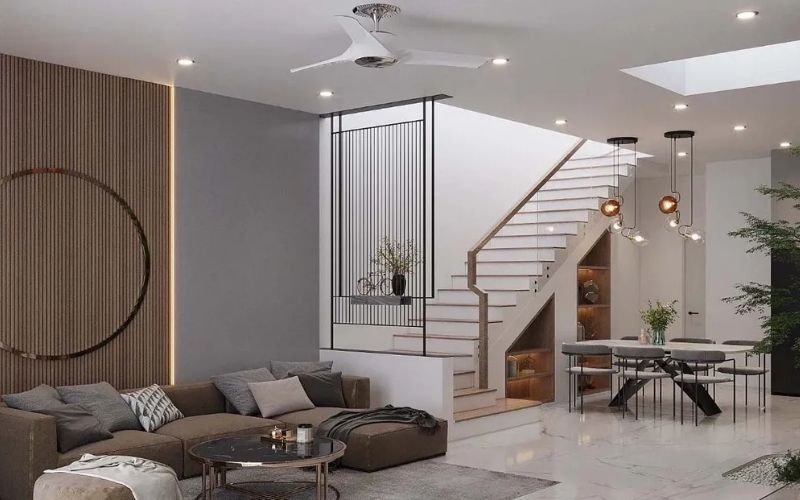 Vách ngăn phòng khách và cầu thang dạng hiện đại cho chung cư