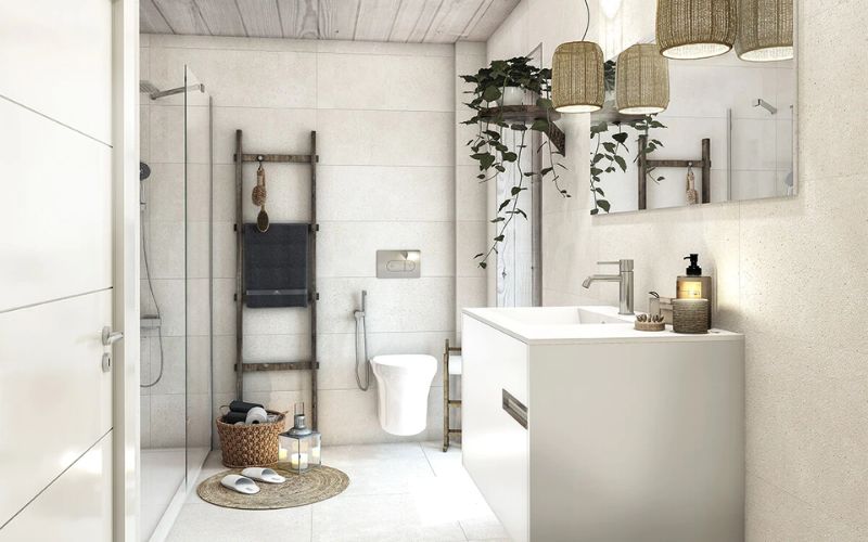 Phòng tắm mini ốp đá, decor nội thất gỗ, đan mây tinh tế cho không gian