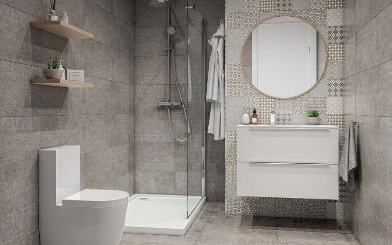 Phòng tắm mini ốp đá, thiết kế bồn tắm đứng tối ưu không gian hiệu quả