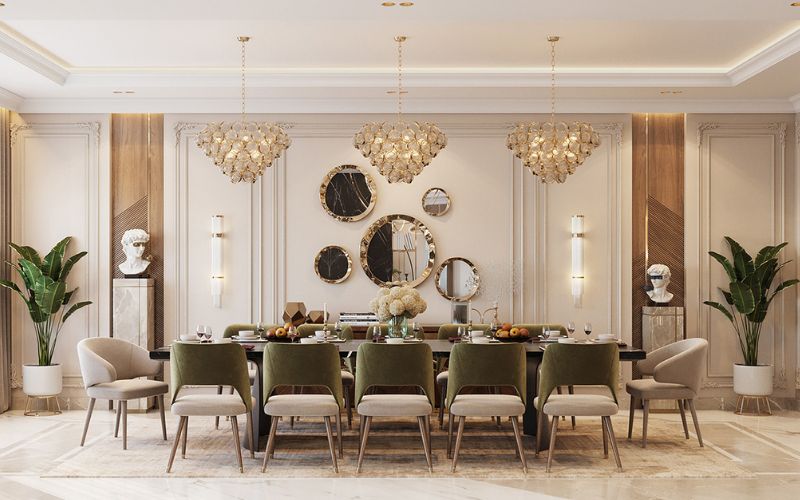 Phòng ăn luxury sử dụng tone màu sáng, tạo điểm nhấn gương đính tường độc đáo 