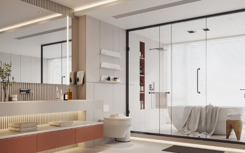 Thiết kế phòng tắm 10m2 dùng kính kết hợp nội thất thông minh