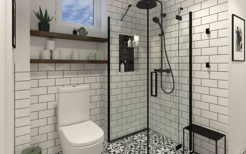 Phòng tắm mini kết hợp sàn tối và nền sáng với màu sắc trang nhã 