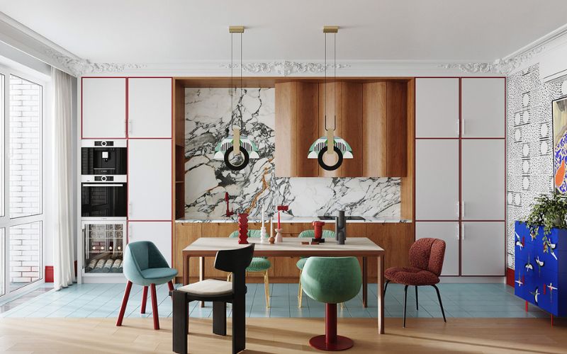 Phòng ăn Neo Classic màu sắc nội thất nổi bật, tủ bếp ốp tường hiện đại 