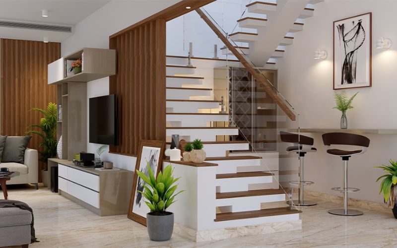 Vách cầu thang bằng khung gỗ kết hợp kệ để tivi tinh tế cho phòng khách 