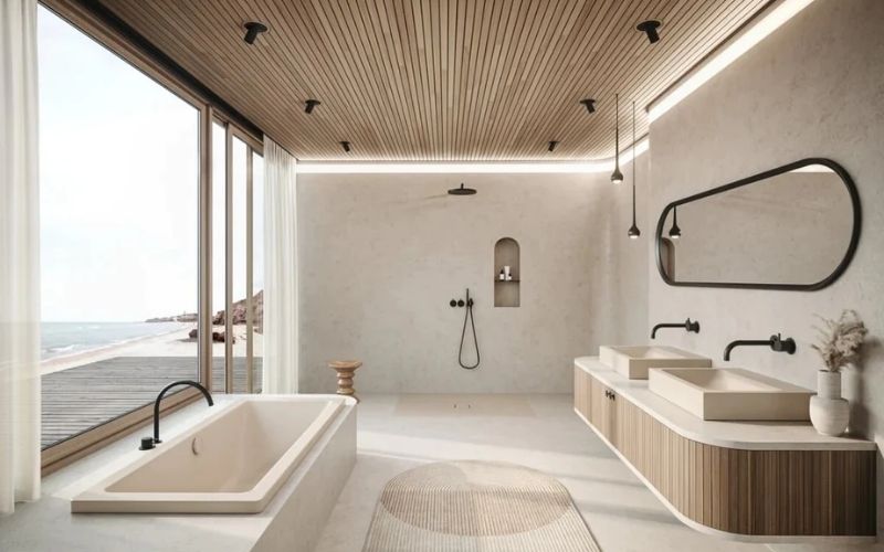 Phòng tắm hiện đại với thiết kế mở, nhấn điểm với gương treo độc đáo