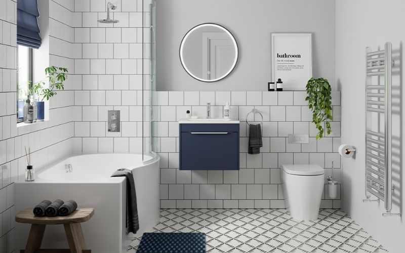Phòng tắm đẹp hiện đại, nhấn điểm gạch lát nền với họa tiết hình thoi