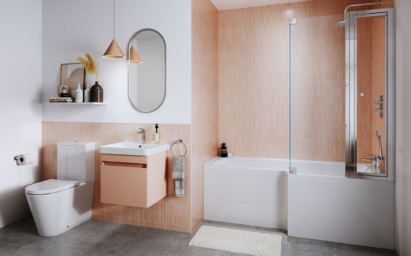 Phòng tắm 3m2 sử dụng vách kính, kết hợp tone cam và nền trắng tinh tế
