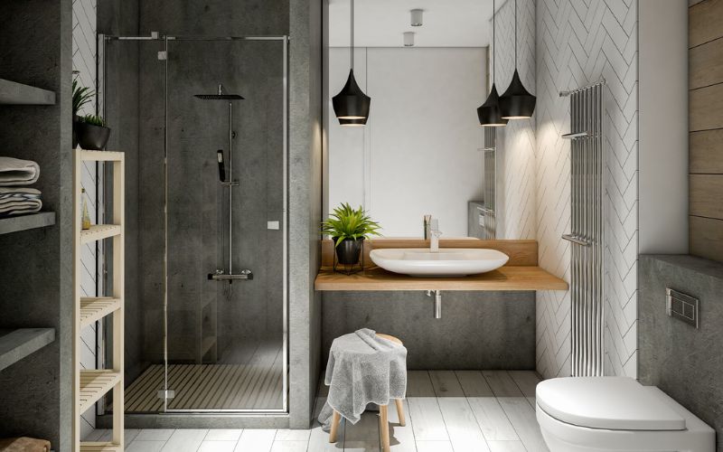 Phòng tắm 4m2 ốp đá theo phong cách sang trọng, đồ nội thất hiện đại