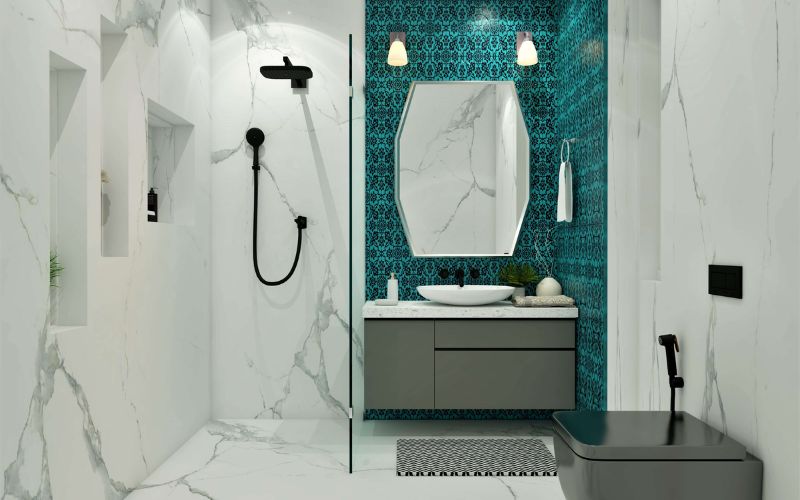 Nhà tắm 4m2 nội thất cảm ứng, nhấn điểm tường ốp gạch hoa văn màu xanh 