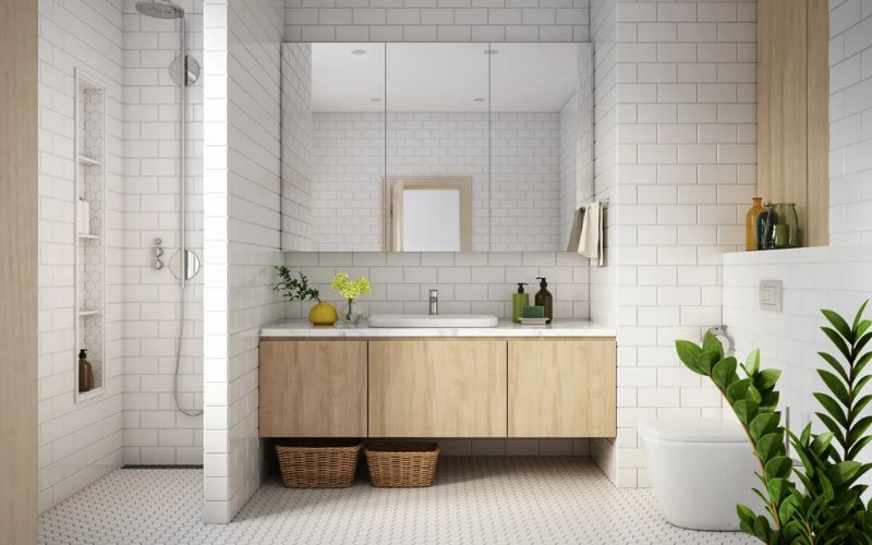 Nhà tắm 4m2 màu trắng thanh lịch, kết hợp bồn rửa tay, tủ đồ đa năng