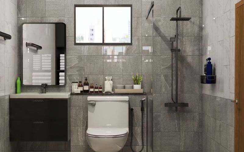 Phòng tắm 2m2 màu đen sang trọng, dùng vách kính ngăn không gian hiệu quả