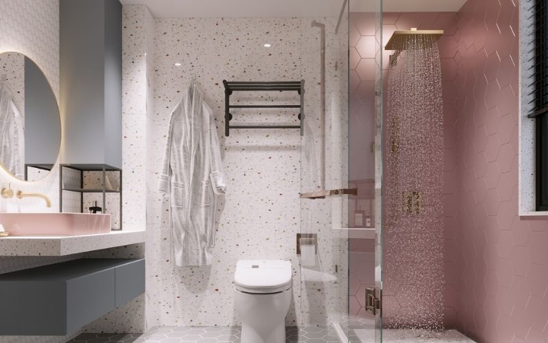 Phòng tắm đơn giản sử dụng vách kính, kết hợp tone hồng và trắng tinh tế