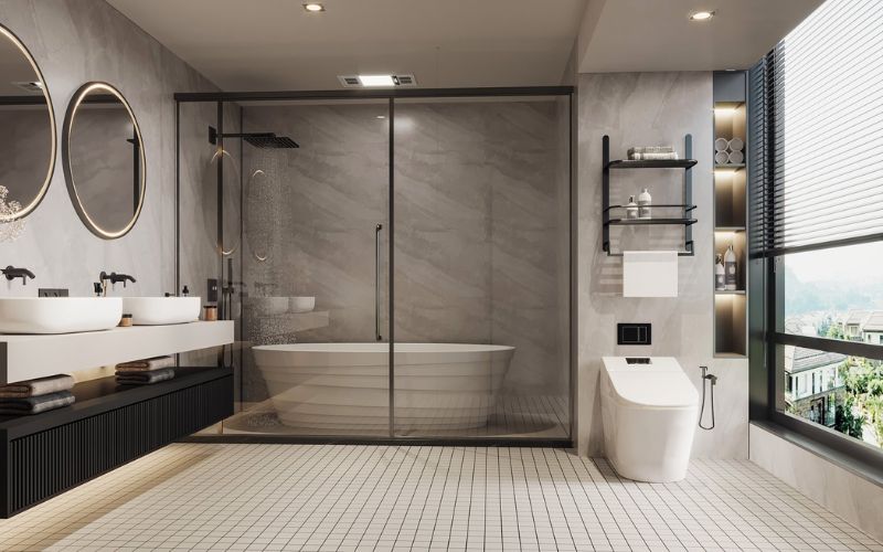 Thiết kế phòng tắm hiện đại với bồn cầu thông minh