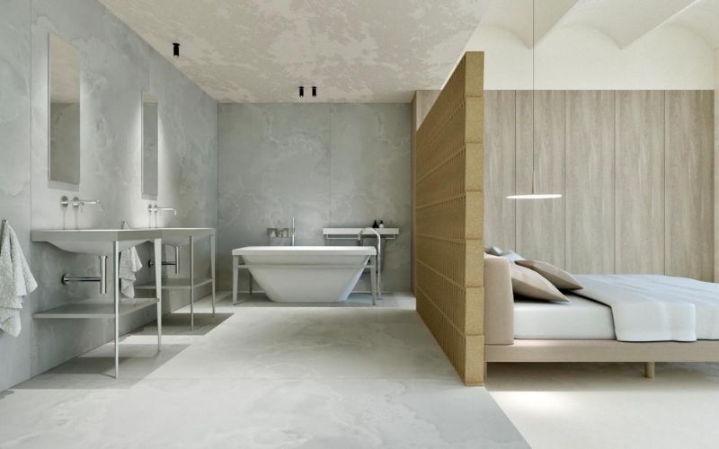 Thiết kế phòng ngủ có nhà vệ sinh ngăn cách bằng vách thạch cao đơn giản