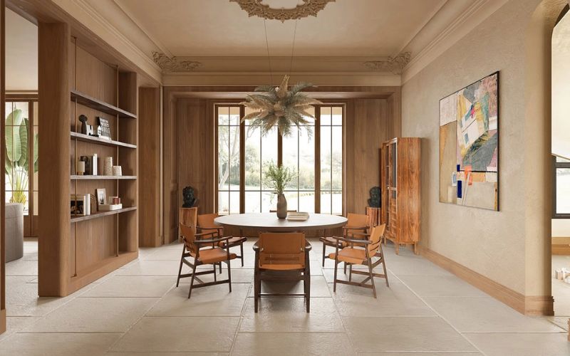 Phòng ăn nhà cấp 4 nội thất gỗ nguyên khối tăng vẻ đẹp cho không gian