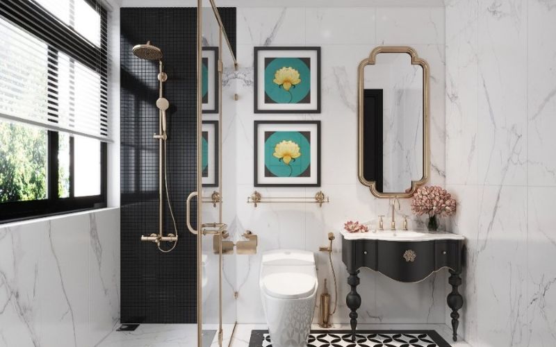 Nhà vệ sinh Indochine với tường, nền ốp gạch hoa, bố trí nội thất sang trọng 