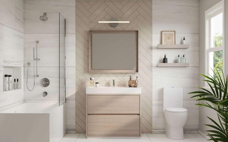 Nhà vệ sinh Nhật all in 1 đa năng, nhấn điểm mảnh tường ốp gỗ độc đáo