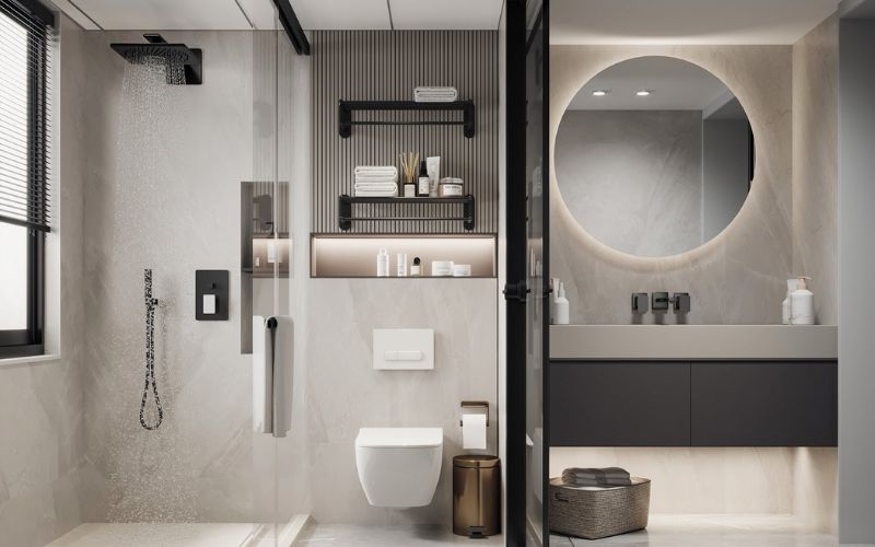 Nhà vệ sinh nhỏ với kệ treo tường đa năng, bố trí nội thất hiện đại 
