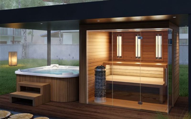 Phòng tắm được thiết kế đồng điệu với phòng xông hơi