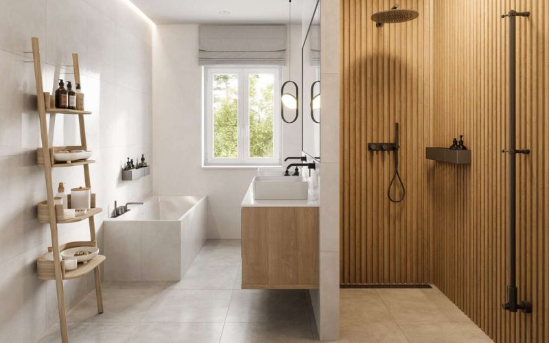 Nhà vệ sinh nhỏ với tường ốp gỗ độc đáo, nội thất hiện đại