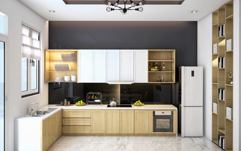 Phòng bếp hướng Đông Nam màu nâu, bố trí nội thất bằng gỗ