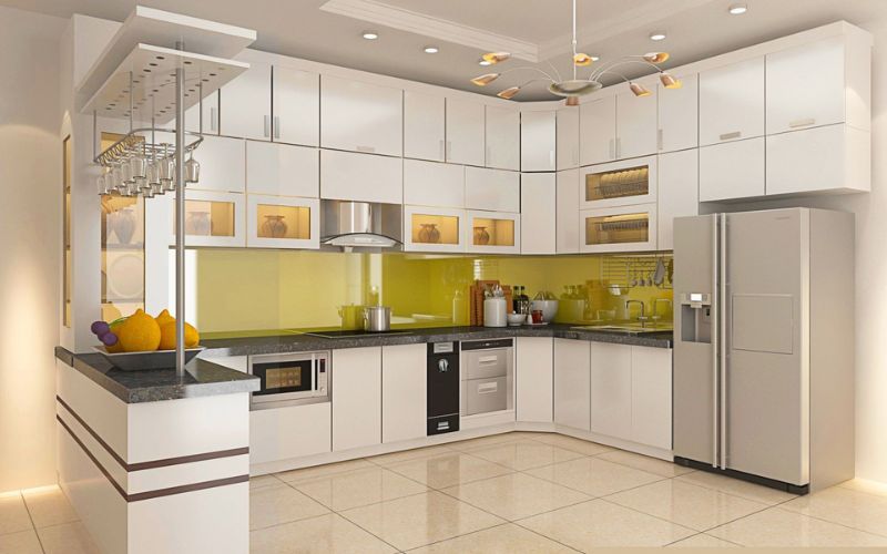 Phòng bếp hướng Đông Nam với nội thất tiện nghi, nhấn điểm tủ bếp ốp tường