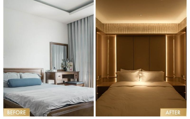 Mẫu cải tạo phòng ngủ kiểu tối giản với điểm nhấn đèn led hiện đại