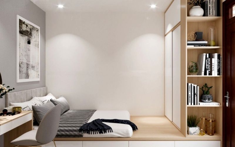 Mẫu cải tạo phòng ngủ hiện đại với giường thiết kế liền bàn làm việc