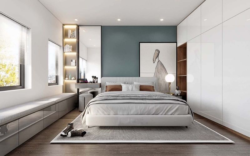 Cải tạo phòng ngủ hiện đại bàn ghế trang điểm tích hợp gương, tủ đồ