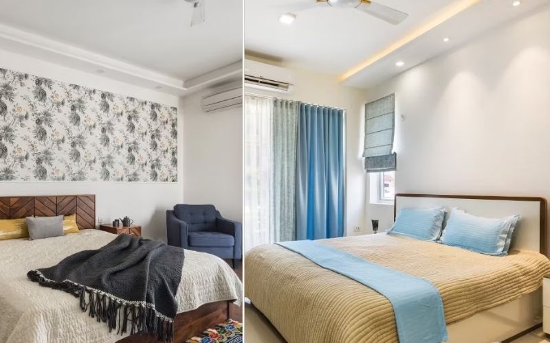 Cải tạo phòng ngủ tối giản màu trắng kem, nhấn điểm rèm cửa hoa văn