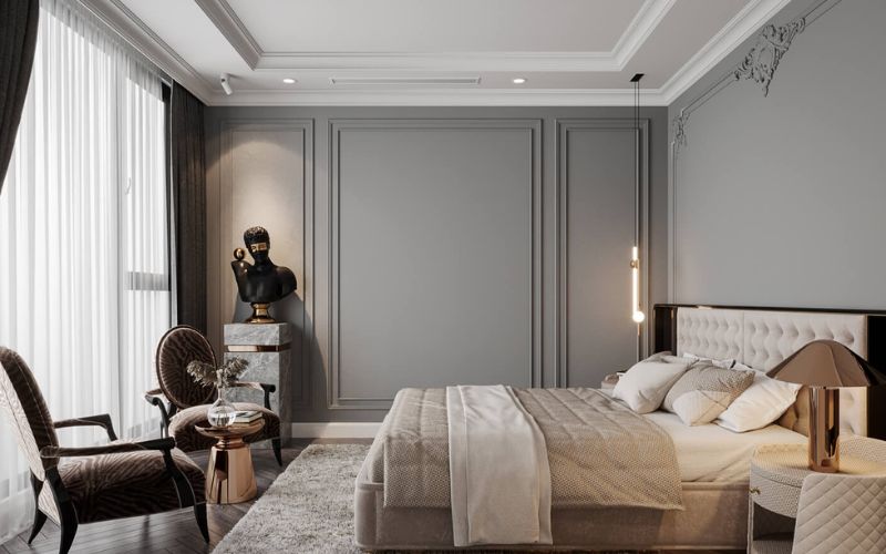 Phòng ngủ sơn màu xám khói phối nội thất trắng hiện đại