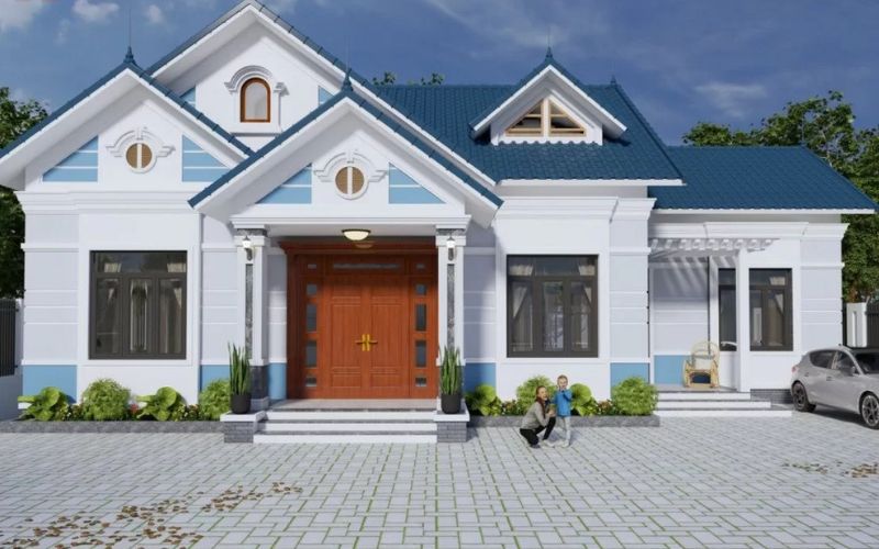 Sơn màu xanh nước biển các chi tiết ngoại thất giúp mặt tiền ngôi nhà ấn tượng hơn
