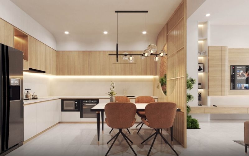 Mẫu phòng bếp tông màu trắng kem sữa phối nội thất màu nâu gỗ dành cho người mệnh Mộc