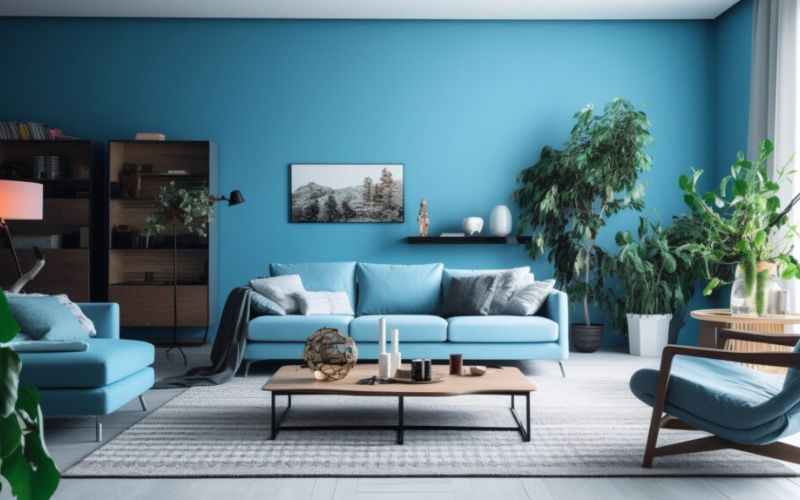Phòng khách với màu xanh nước biển chủ đạo kết hợp trang trí cây xanh mang đến không gian thoáng đãng, tươi mát 