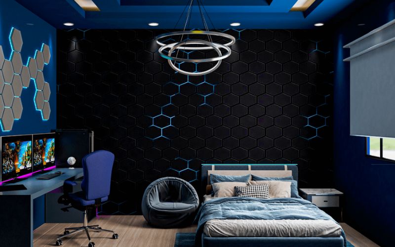 Phòng ngủ tông xanh nước biển đậm độc đáo với tường được trang trí ấn tượng