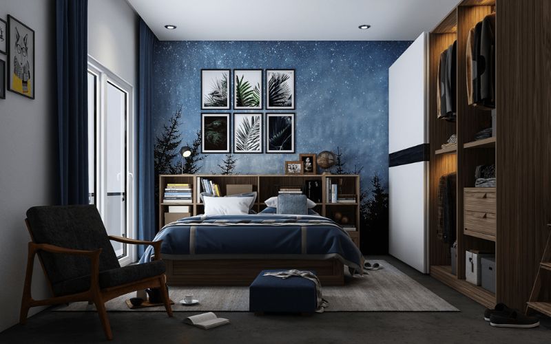 Không gian phòng ngủ thoải mái, hiện đại khi sơn tường màu xanh nước biển phối nội thất gỗ