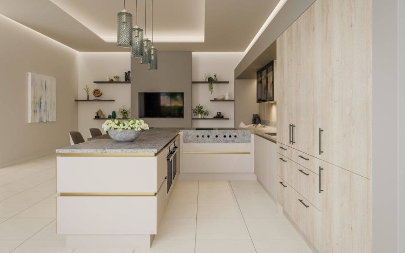 Chia bố cục phù hợp giữa tủ bếp chữ U với các không gian khác