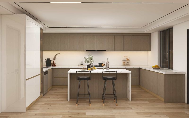 Mẫu tủ bếp chữ U hiện đại cho nhà chung cư