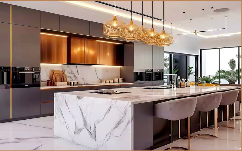 Thiết kế bếp phong cách Luxury sử dụng các chất liệu cao cấp