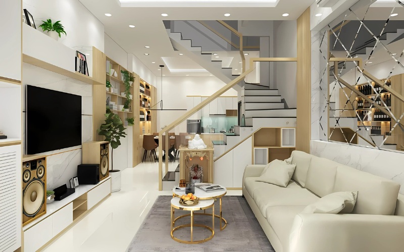 Có thể bố trí thêm gương tạo hiệu ứng mở rộng không gian cho nhà cấp 4