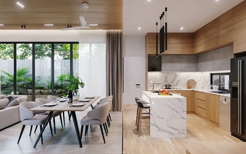 Mẫu thiết kế nội thất nhà cấp 4 có phòng khách liền kề nhà bếp