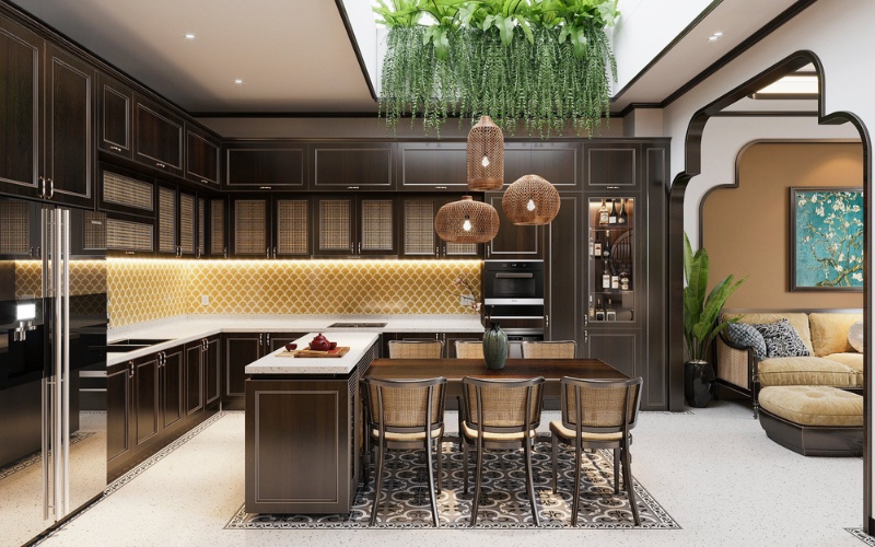 Bếp indochine sử dụng chủ yếu là chất liệu gỗ hoặc tre nứa