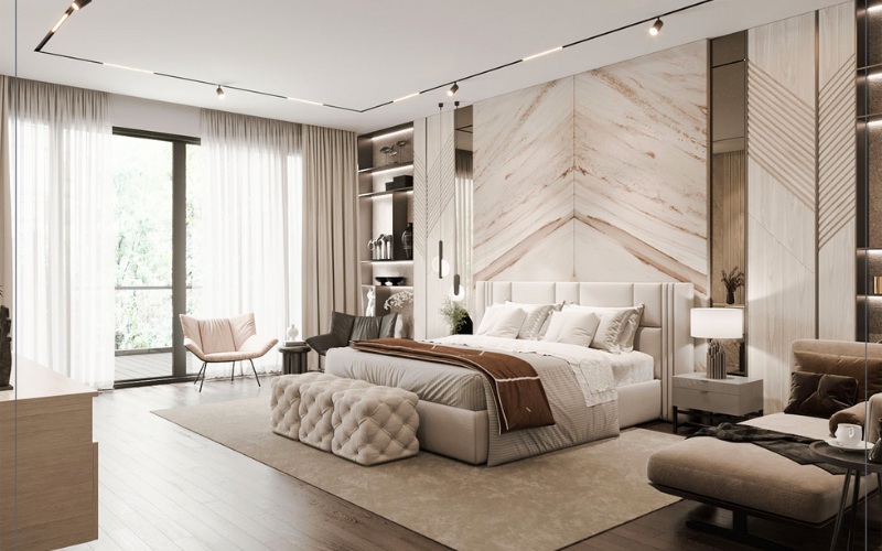 Phòng ngủ master 30m2 được đầu tư kỹ lưỡng về mặt nội thất