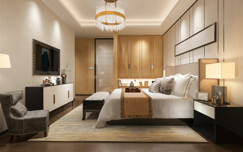 Thiết kế phòng ngủ sang trọng với chất liệu gỗ cao cấp