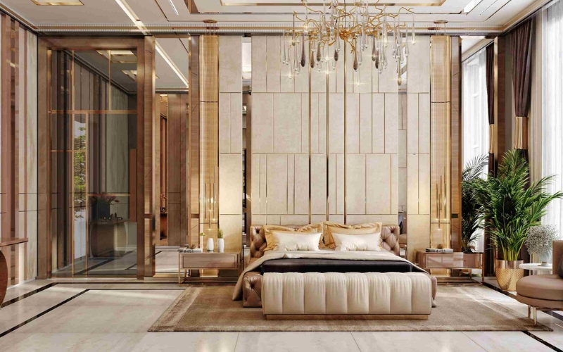 Nội thất phòng ngủ được trang trí với các chi tiết mạ vàng