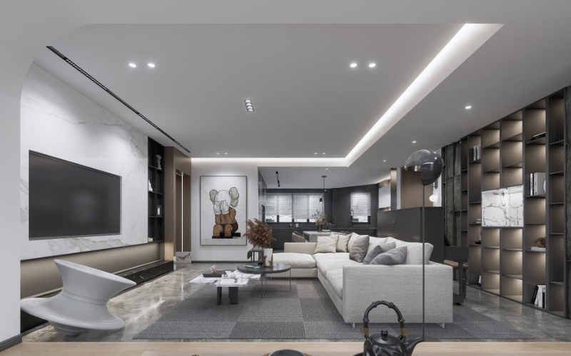 Sofa chữ L bọc vải nhung sáng màu kết hợp tủ kệ âm tường ốp đá 