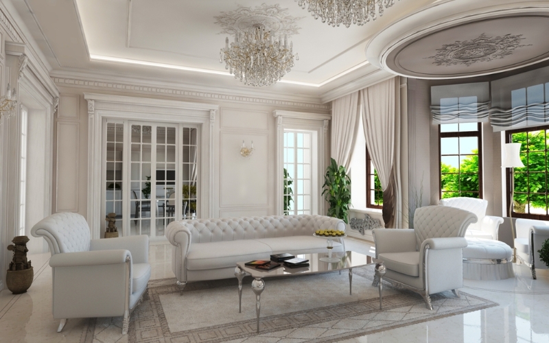 Đèn chùm pha lê lộng lẫy và bộ sofa chesterfield sang trọng