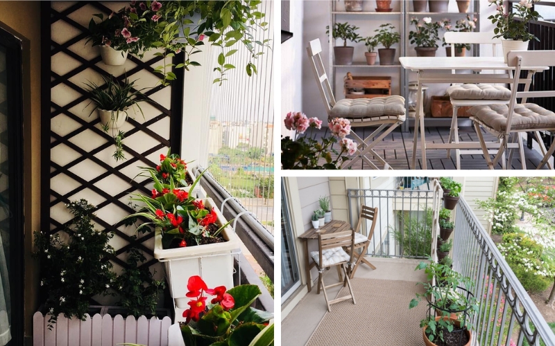 Bộ bàn ghế xếp nhẹ nhàng bên chậu hoa tạo nên góc chill lý tưởng