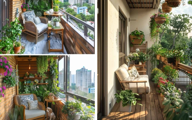 Ban công phủ đầy cây xanh như một khu vườn hoa mini giữa tầng cao