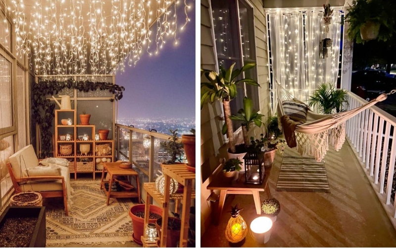 Ban công về đêm trở nên huyền ảo nhờ đèn led dây thắp sáng từng góc nhỏ